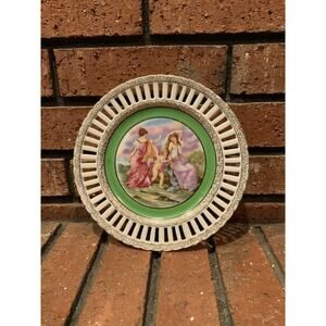 Vintage Norcrest Fine China Maidens Cherub Green With Gold Trim Decorative Plate